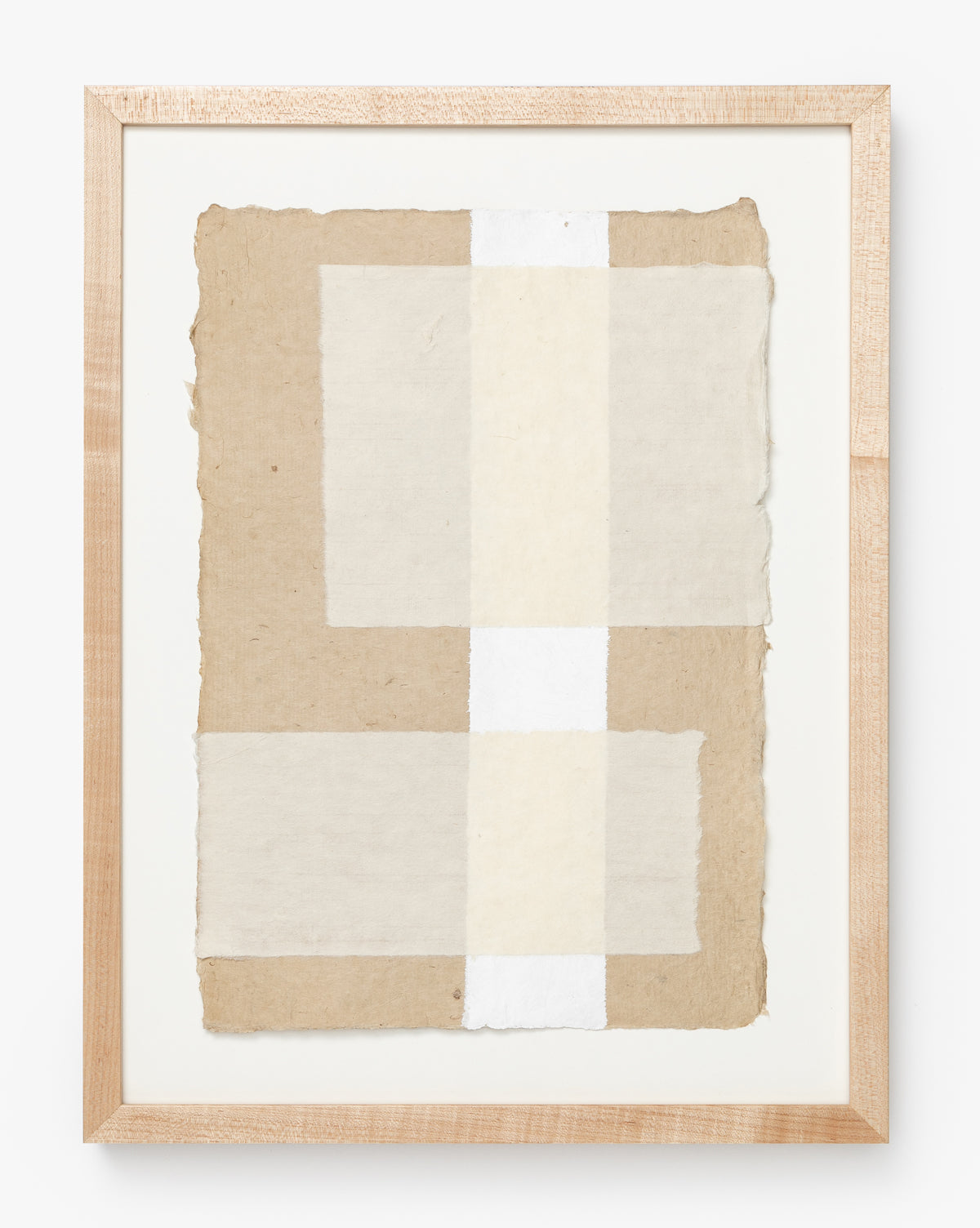 Collage 2 is a framed abstract artwork with layered, textured handmade paper in beige, cream, and white tones. Its geometric arrangement of rectangles and bands makes it an elegant piece of neutral wall decor.