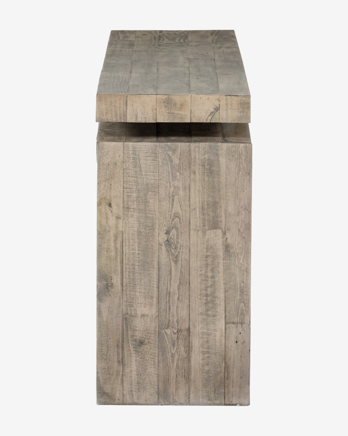 Side view of the Colter Console Table, a modern entryway piece crafted from reclaimed wood with a thick top, blocky base, and natural weathered finish, by McGee & Co.