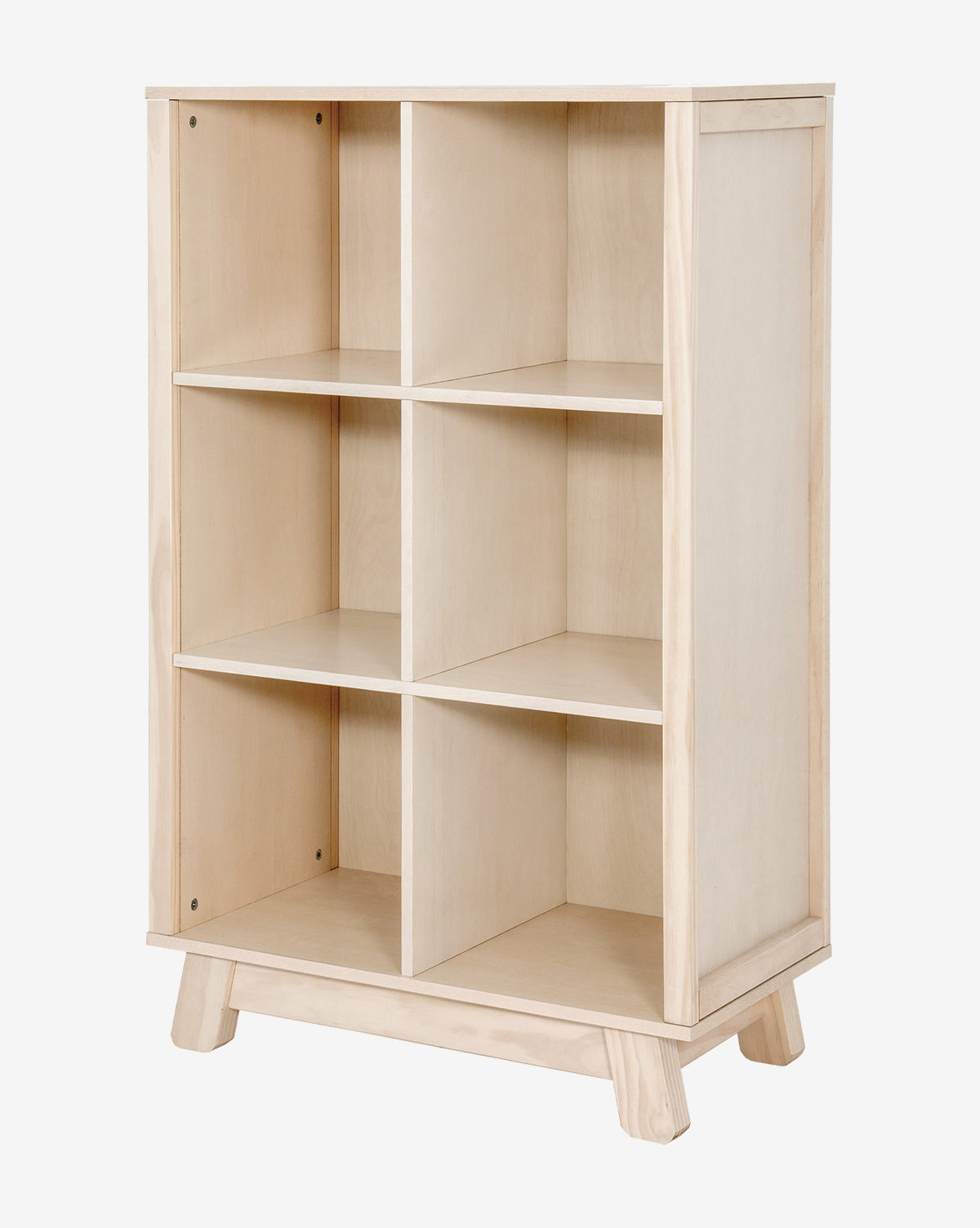 The Hudson Bookcase is a modern, eco-friendly nursery shelf with six open cubes, angled legs, and a natural finish, crafted from sustainable New Zealand pine wood for stylish storage and organization, by McGee & Co.