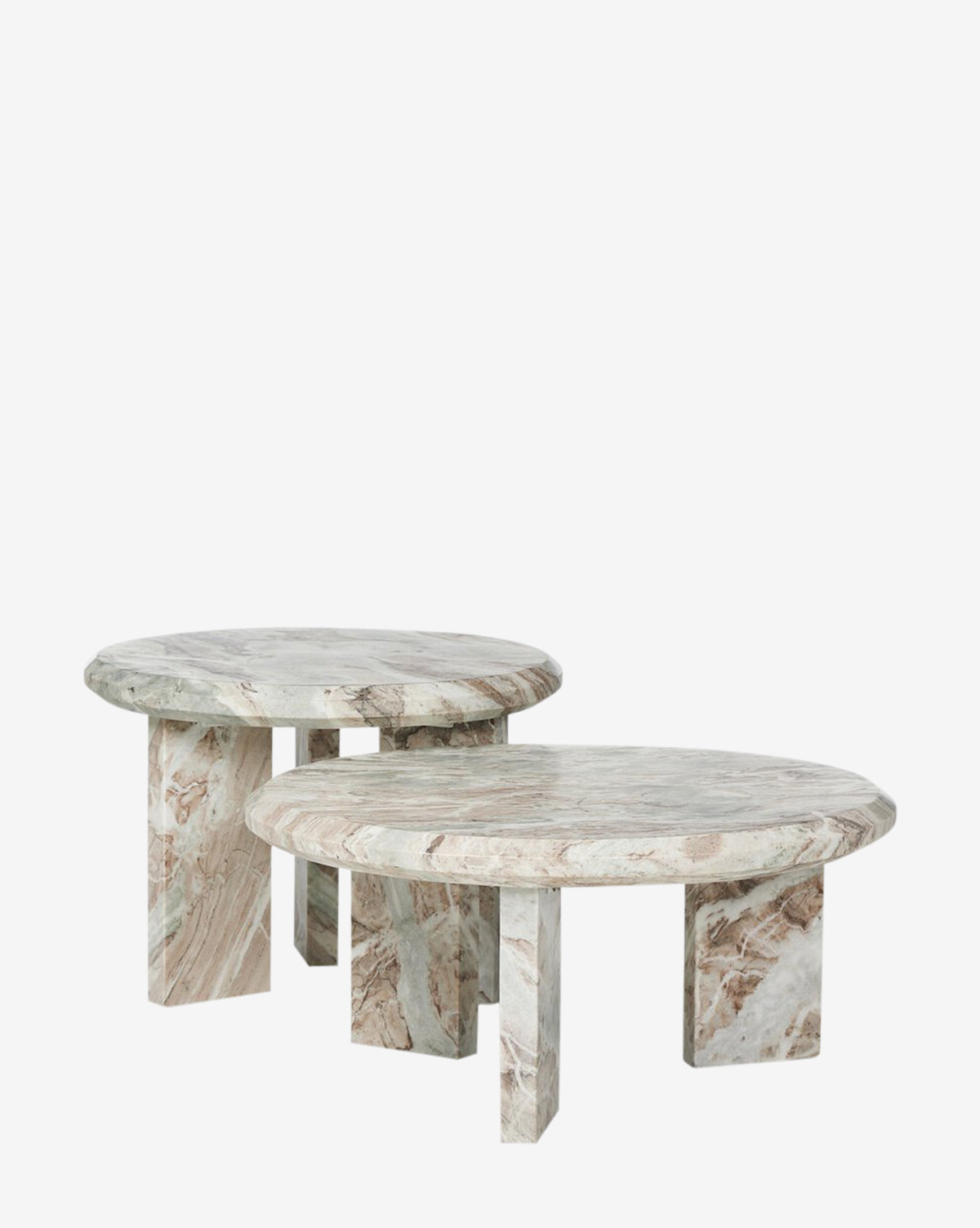 The Corwin Nesting Table Set of 2 features round marble tops with thick rectangular legs in a light beige and gray veined pattern—perfect for elevating your living room’s style, shown against a plain white background by McGee & Co.