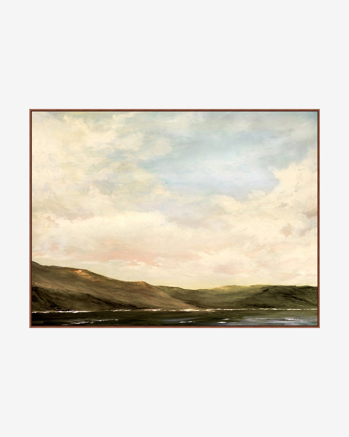 Cotton Candy Clouds: a painting featuring a peaceful landscape of rolling green hills and a serene lake beneath a bright, partly cloudy sky, with creative color play and soft light reflecting over land and water.
