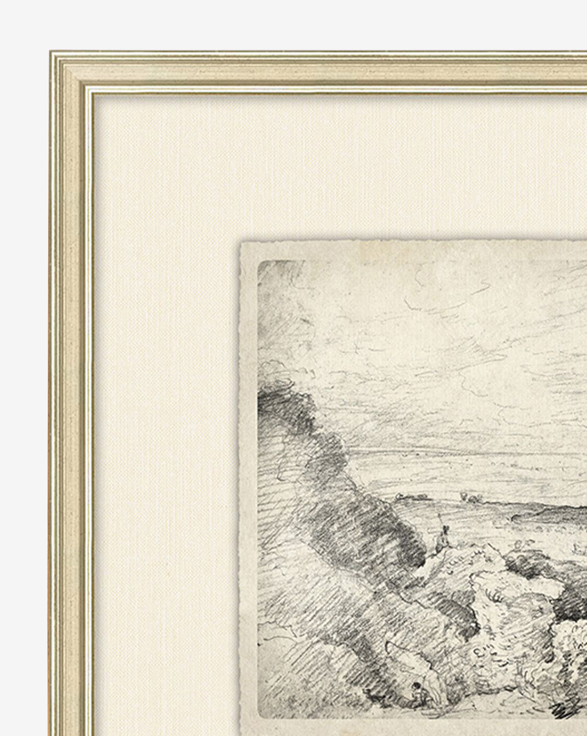 A close-up of Countryside Sketch, a black-and-white artwork showcasing rocky terrain, distant water, and clouds, set in a light wood frame with a cream mat.