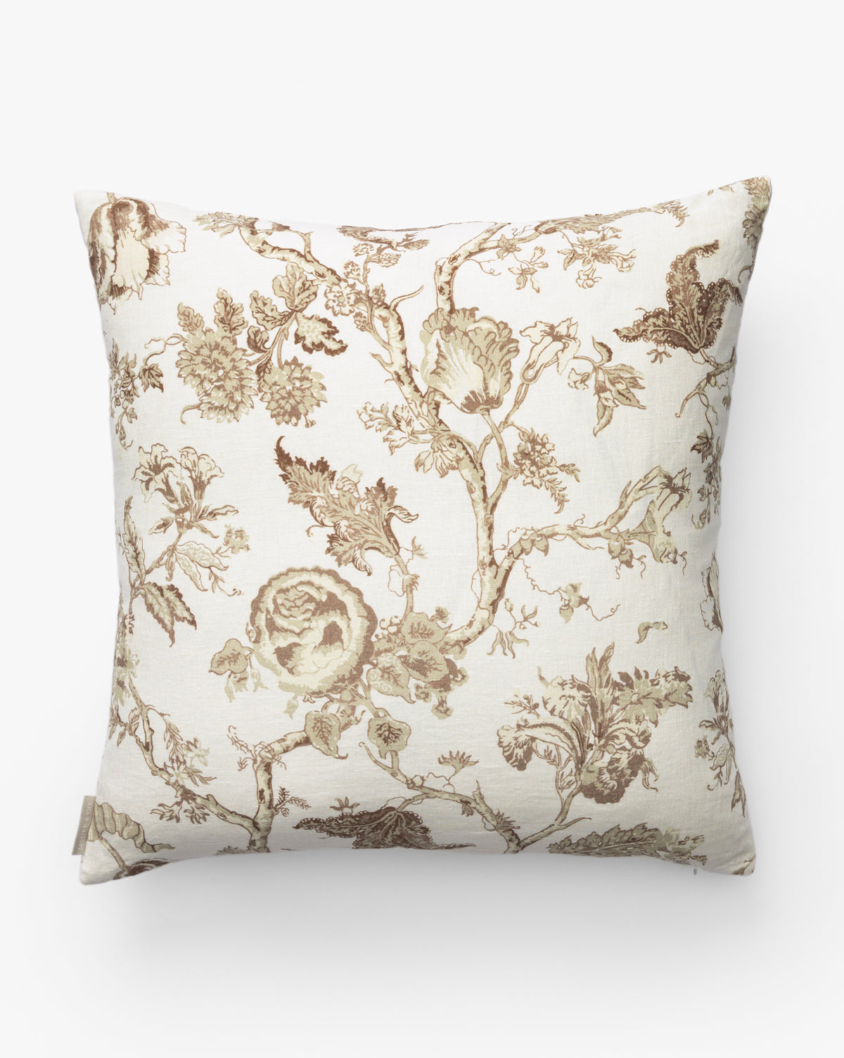 The Coventry Pillow Cover features a square shape with a white background and a vintage brown floral design, showcasing intricate flowers and leaves, by McGee & Co.