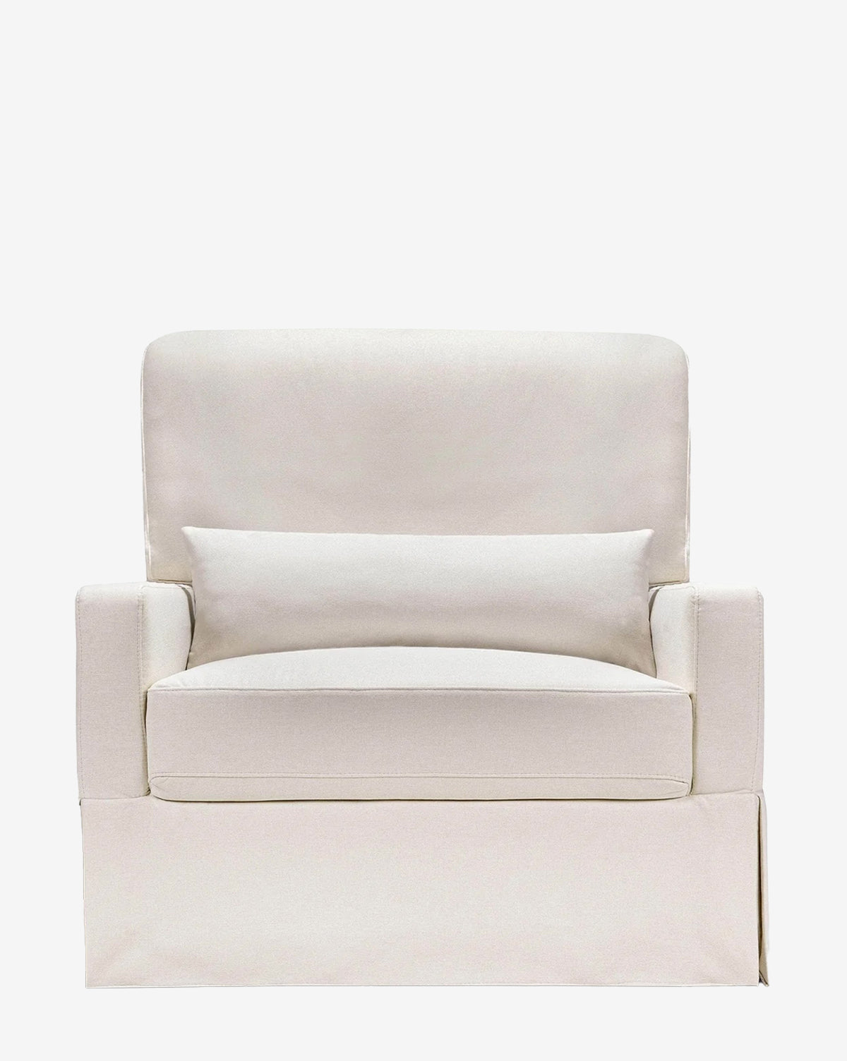 The Crawford Pillowback Chair and a Half is a plush, off-white chair with a straight back, cushioned seat, matching lumbar pillow, and a tailored skirt covering the legs, shown from the front against a white background by McGee & Co.