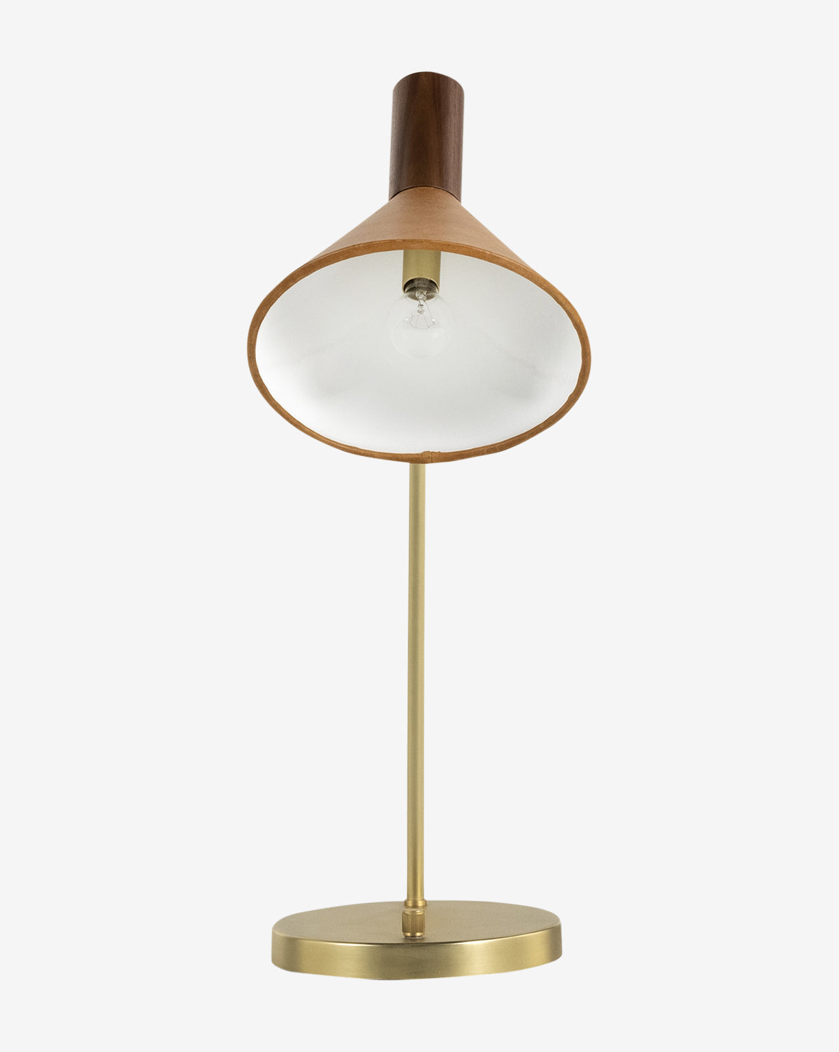 The Cullen Task Lamp features a brass base, slim vertical stem, and a wide cone-shaped brown and white shade that reveals a single bulb, giving this modern lamp its vintage-inspired style, by McGee & Co.