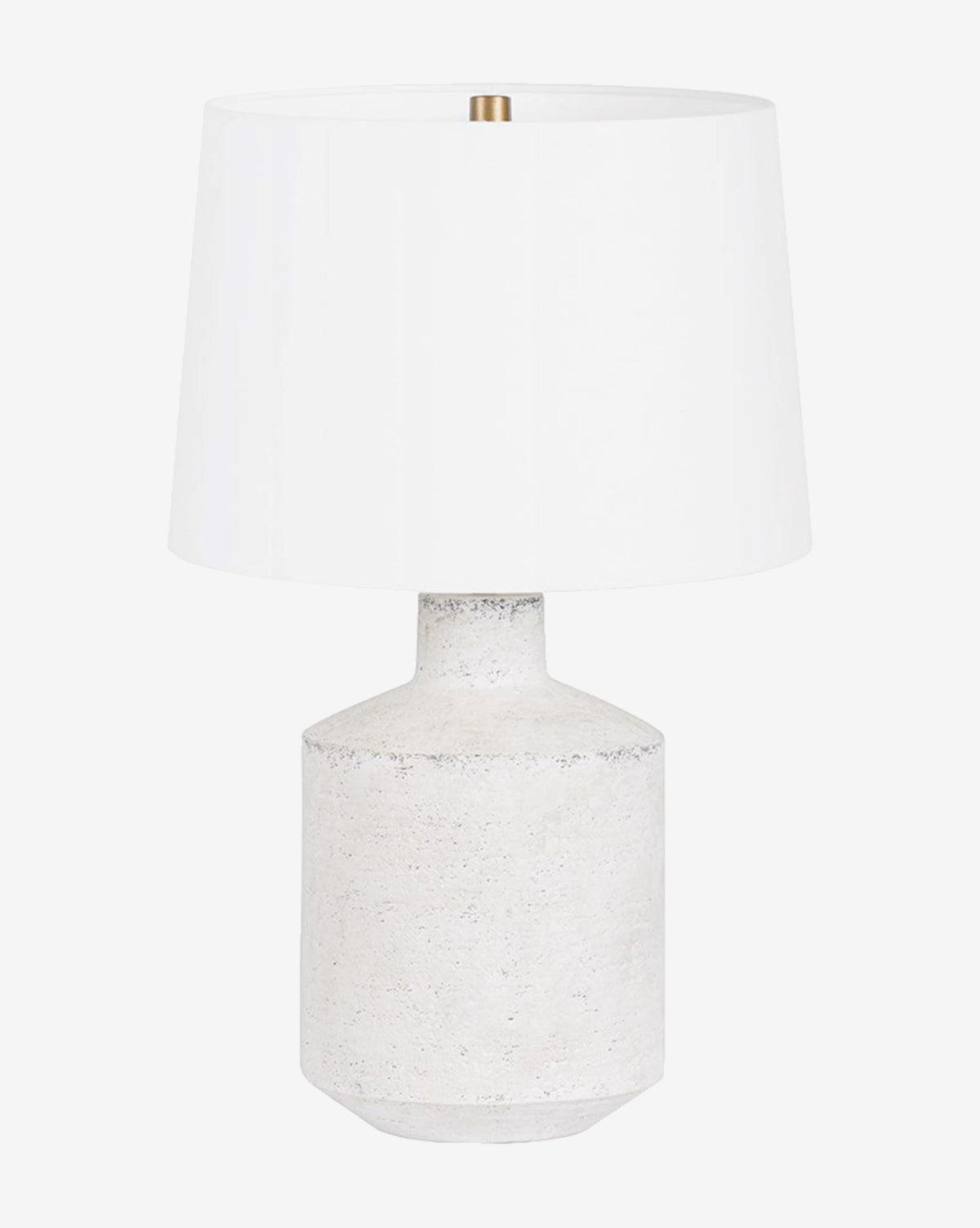 The Dallas Table Lamp showcases a weathered white ceramic finish with a textured cylindrical base and a wide, slightly tapered white shade, creating a modern look against a plain background by McGee & Co.