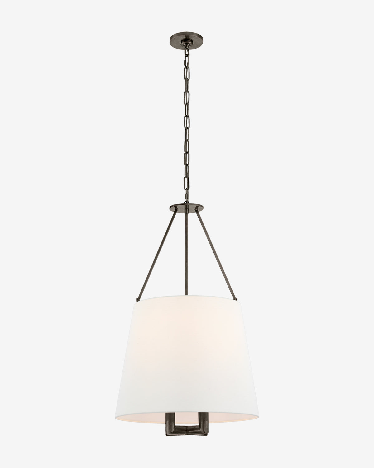 The Dalston Hanging Shade features a white linen paper shade suspended from a sleek black metal chain and frame, shown against a plain white background, by McGee & Co.