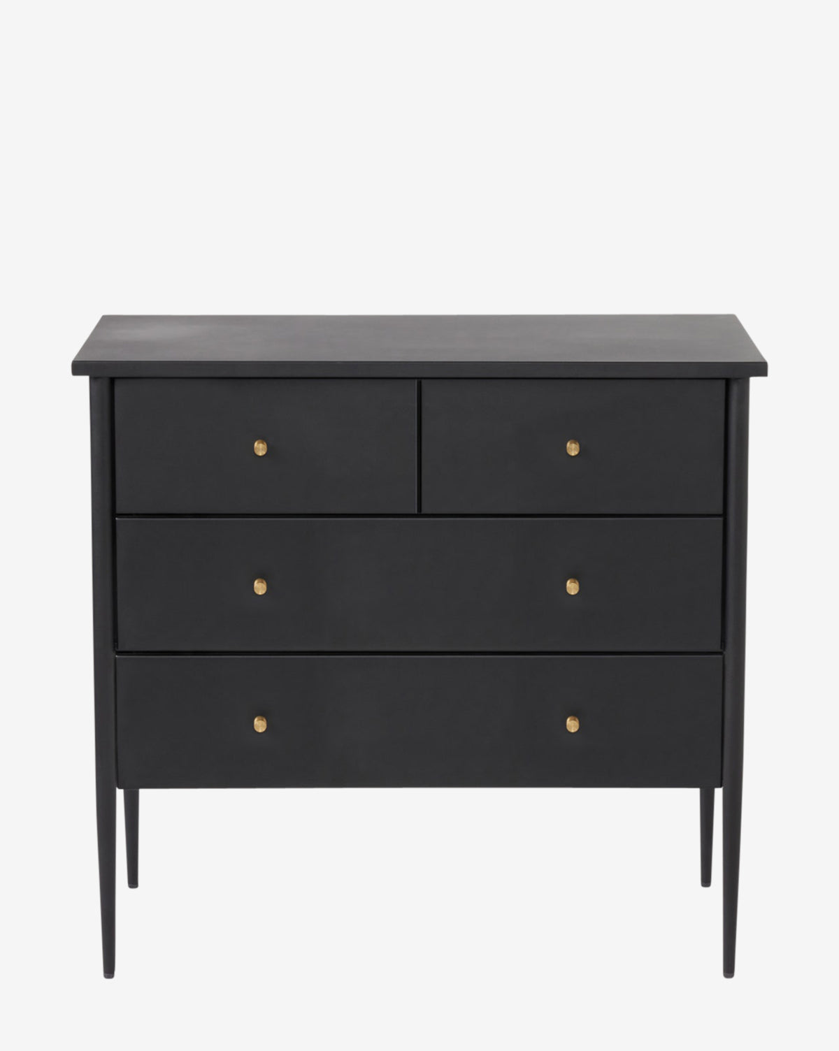The Dante Dresser in matte black has gold knobs, two top smaller drawers, and two larger bottom drawers. This modern steel dresser stands on slim, tapered legs and is displayed against a white background, by McGee & Co.
