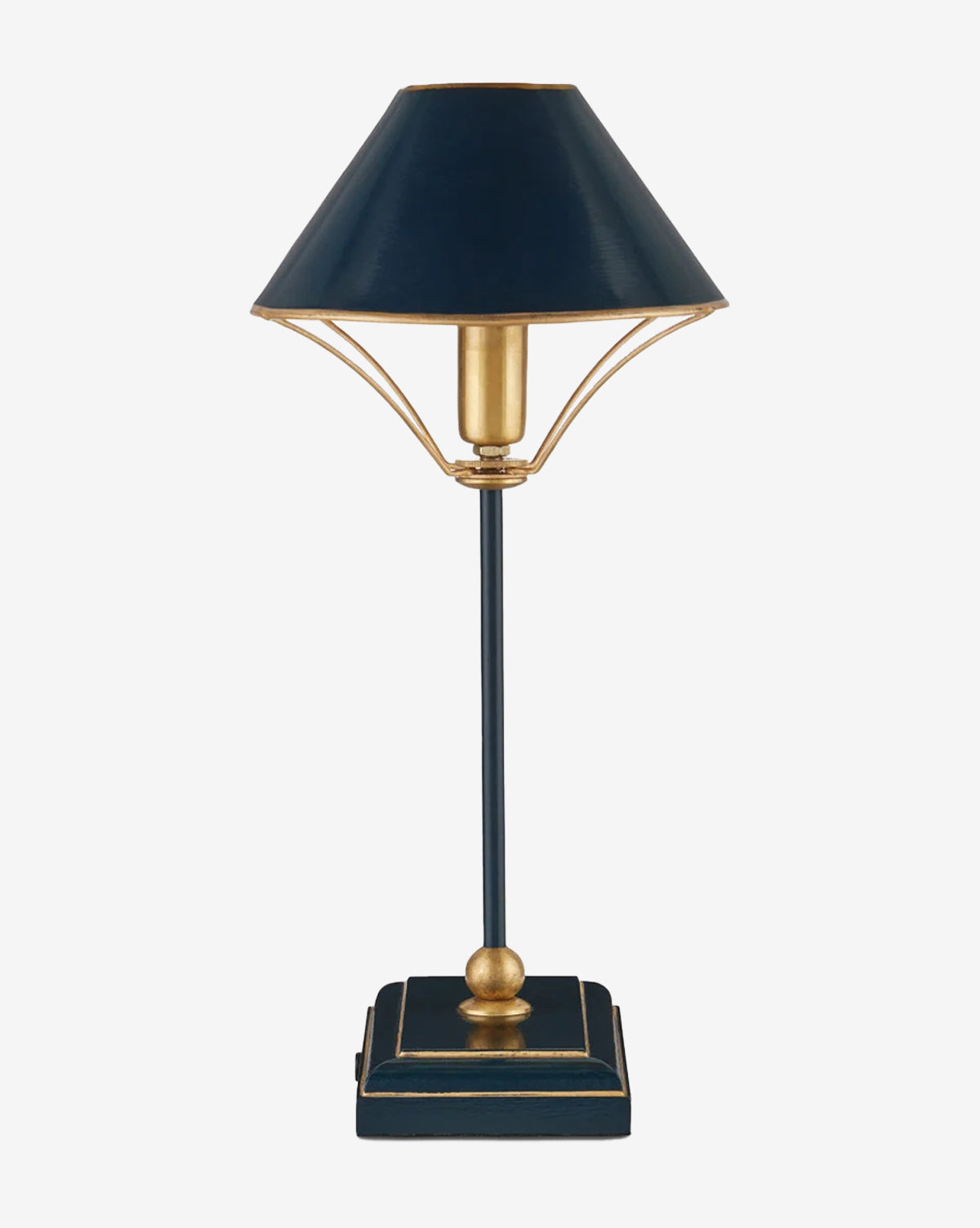 The Daphne Navy Table Lamp features a dark blue and gold base, slim stem, and matching navy lampshade with gold trim. Its modern, refined design makes it an elegant addition to any contemporary space, by McGee & Co.