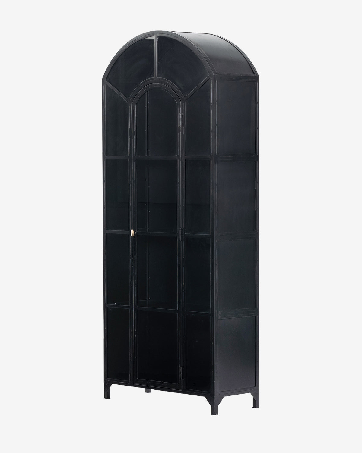 The Darcie Cabinet is a tall, arched black metal cabinet with glass-paneled door and sides, multiple interior shelves for display, and four short legs. Ideal for showcasing your home decor against any backdrop.