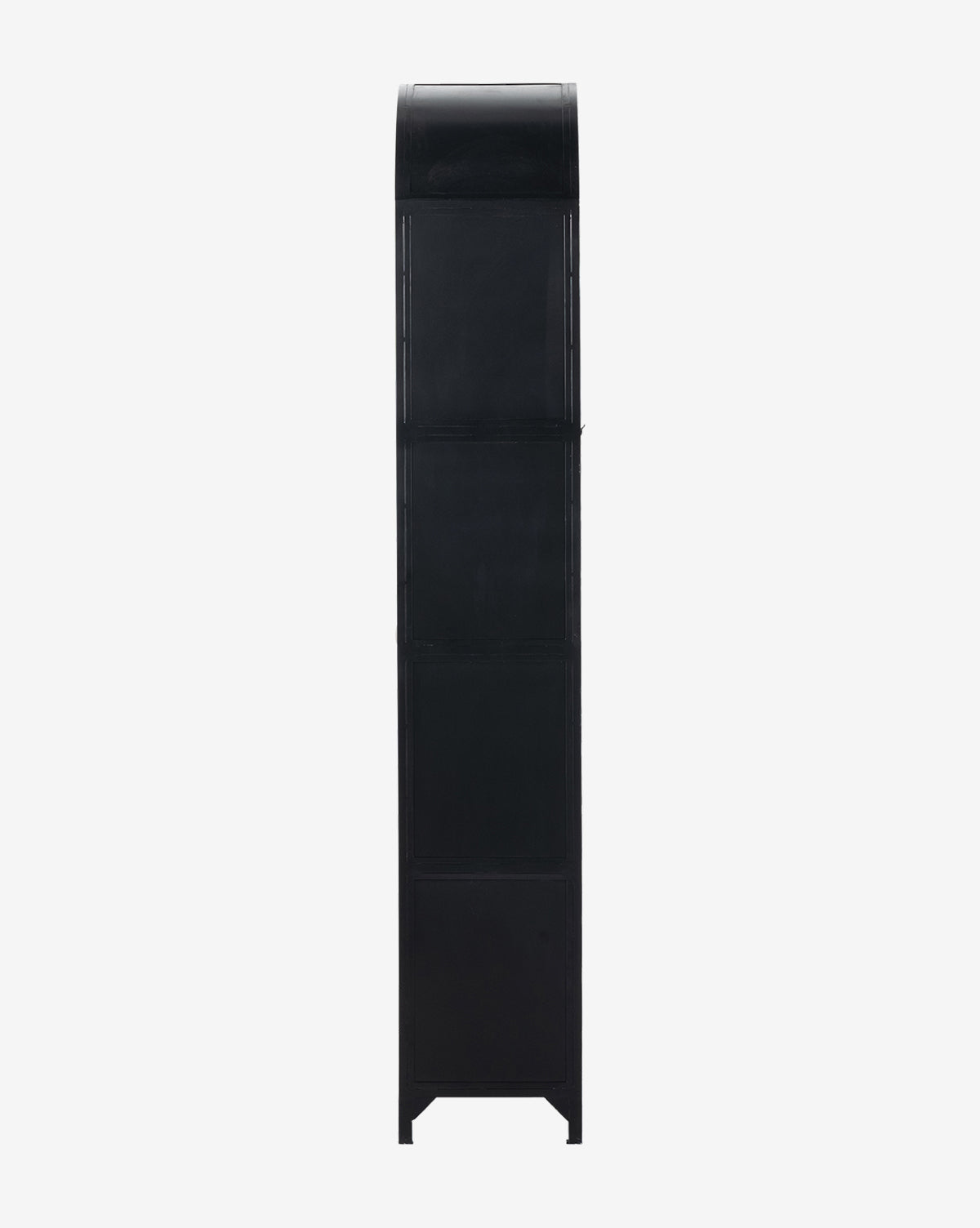 The Darcie Cabinet is a tall, narrow black metal display cabinet with a curved top and four segments, ideal for modern home decor, shown upright against a plain white background.