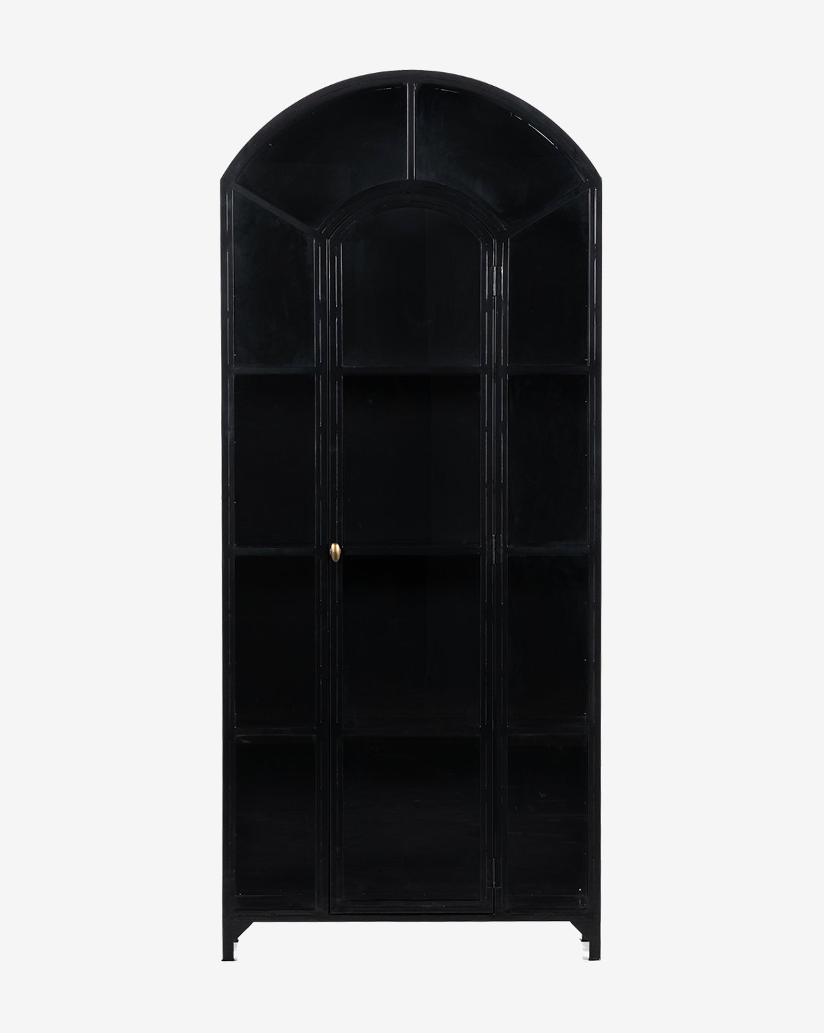 The Darcie Cabinet is a black arched display cabinet with glass panel door and sides, multiple shelves, and a round gold knob—perfect for adding elegance to your home.