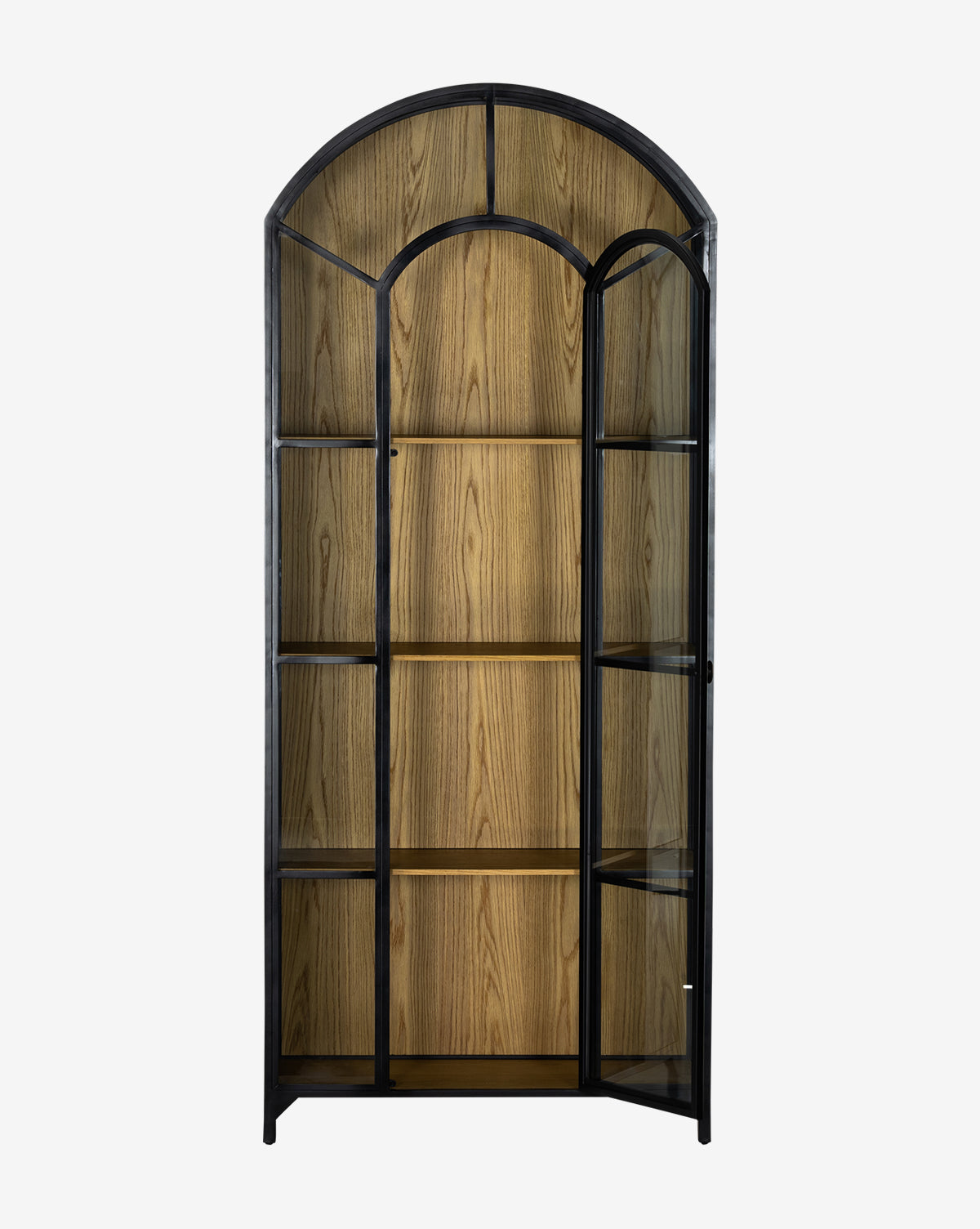 The Darcie Cabinet features a tall, arched design with a black metal frame, glass doors, and wooden shelves. Its elegant windowpane details and five spacious shelves add style and ample storage to any home decor.