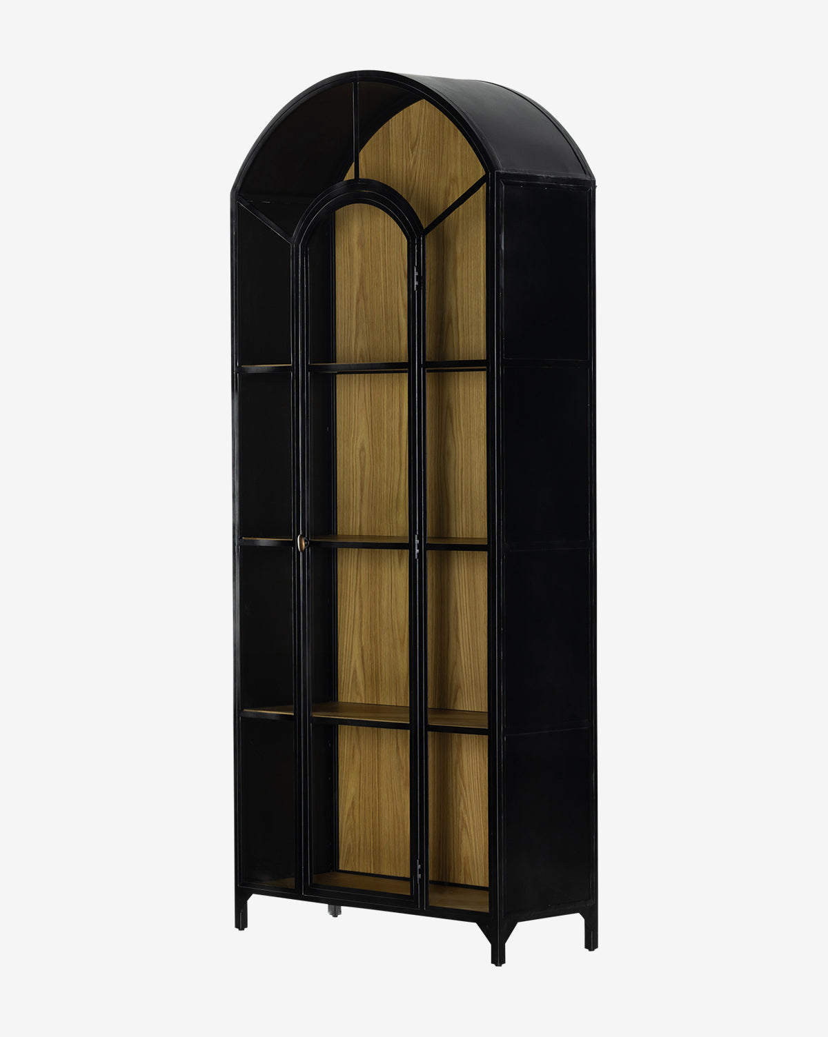 The Darcie Cabinet is a tall black metal display unit with an arched top, glass doors, and wooden shelves—ideal for stylish home decor and creating an elegant focal point against any plain white background.