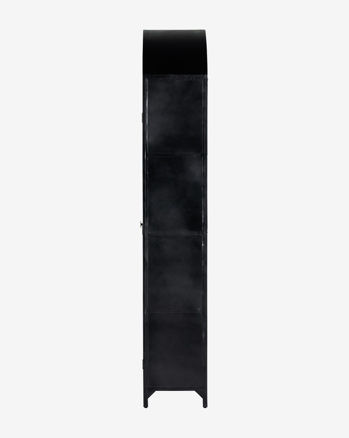 Side view of the Darcie Cabinet, a tall black metal display cabinet with a curved top and four shelves, ideal for displaying home decor against a plain white background.
