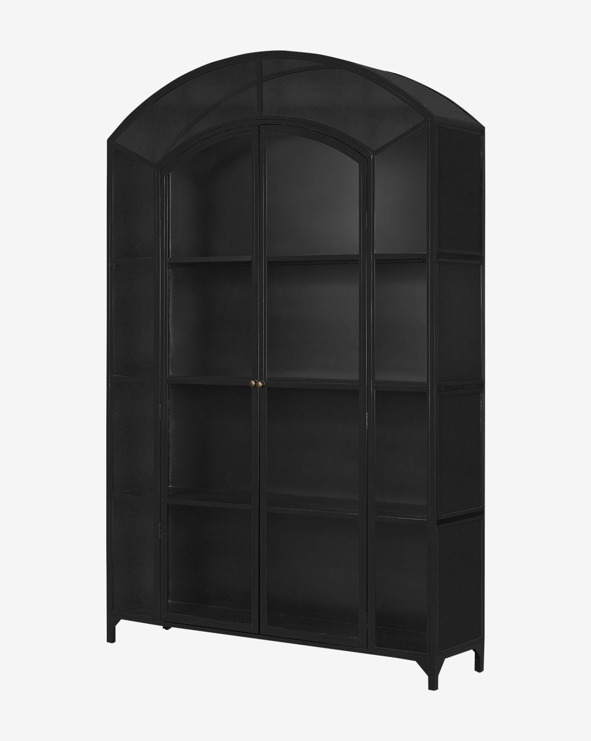 The Darcie Wide Cabinet is a large black storage piece with an iron frame, arched top, central glass doors, and open shelving on each side, displayed against a plain white background by McGee & Co.
