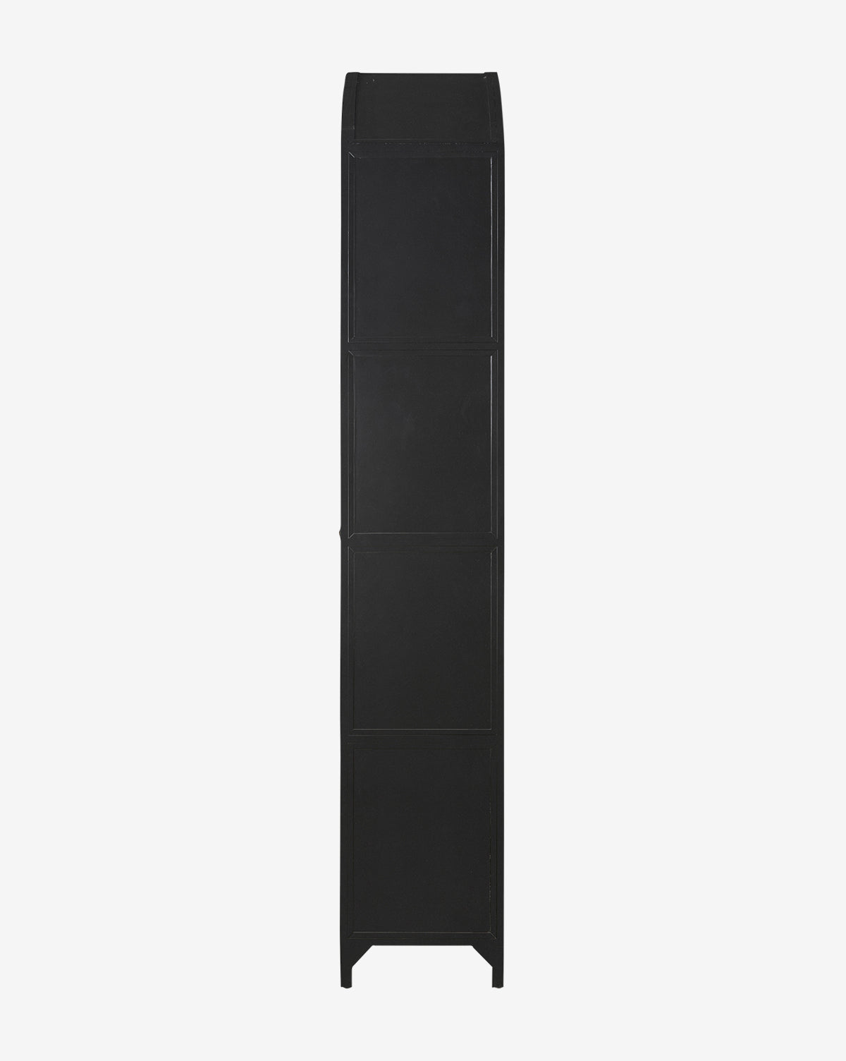 The Darcie Wide Cabinet features a tall, narrow black iron frame with smooth flat surfaces and gently curved top edges, showcased from the side against a plain white background, by McGee & Co.