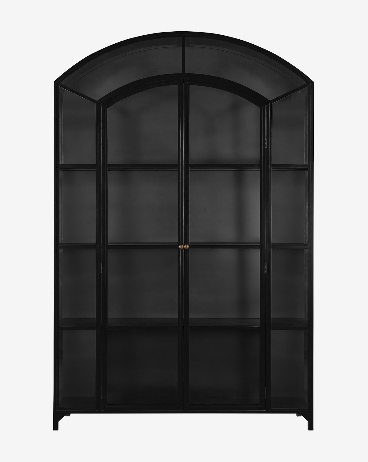 The Darcie Wide Cabinet features a tall black finish, arched top, elegant glass doors, and multiple shelves. Against a plain white background, this cabinet brings sophisticated storage to any space by McGee & Co.