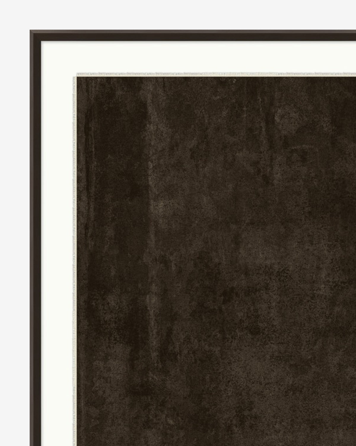 A close-up of Dark Wash, a framed moody artwork with a textured dark brown surface and subtle tonal variations, bordered by a white mat and slender dark frame.