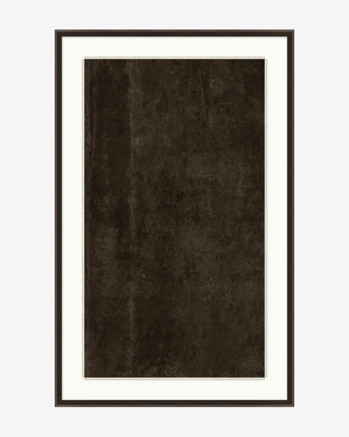 “Dark Wash” is a rectangular, gallery-quality framed artwork with a dark brown textured surface centered on a white background in a simple black frame—ideal calming wall art.
