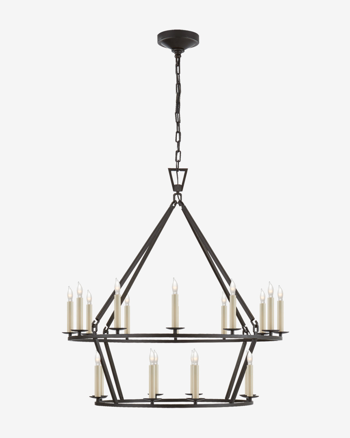 The Darlana Two-Tiered Ring Chandelier by Visual Comfort & Co. Signature features a black metal frame with two circular tiers and candle-style lamps, suspended by a chain for an elegant, industrial look, McGee & Co.