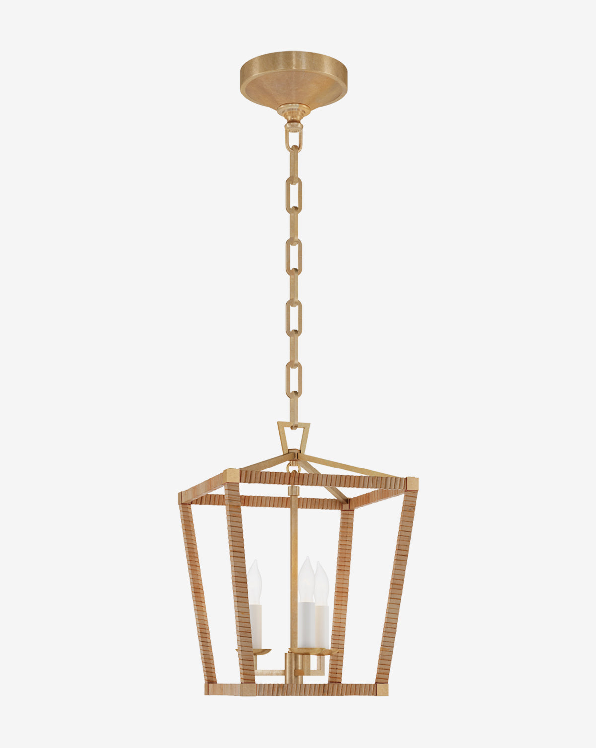 The Darlana Wrapped Lantern is a gold, modern pendant light with a square open metal frame and chain suspension. It features three candelabra bulbs around a central stem, offering an elegant, contemporary look by McGee & Co.