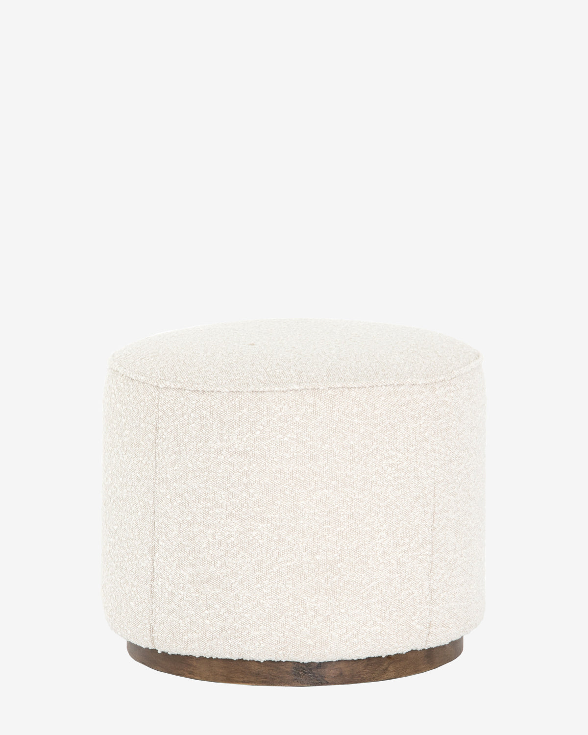 The Dawson Ottoman is a small, round ottoman with cream textured fabric and a dark wood base, pictured on a white background. Its contemporary design adds modern elegance to any space, by McGee & Co.