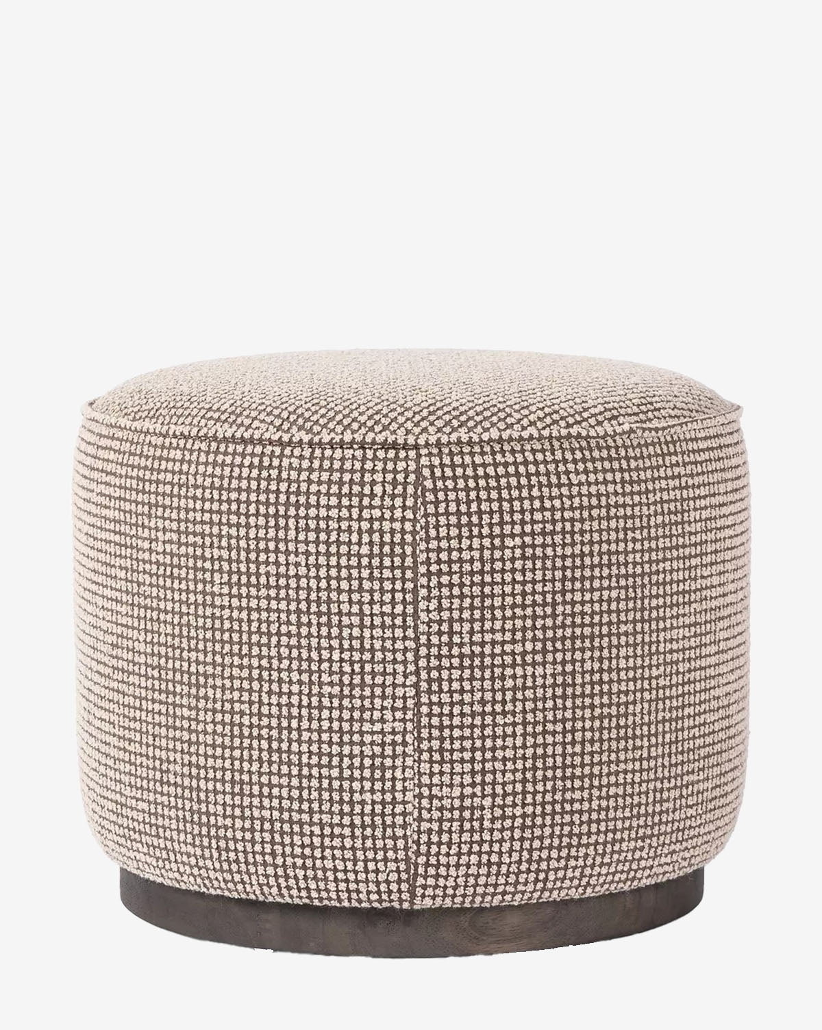 The Dawson Ottoman features a round shape, textured design, light beige fabric cushion, and dark wood base set against a white background by McGee & Co.