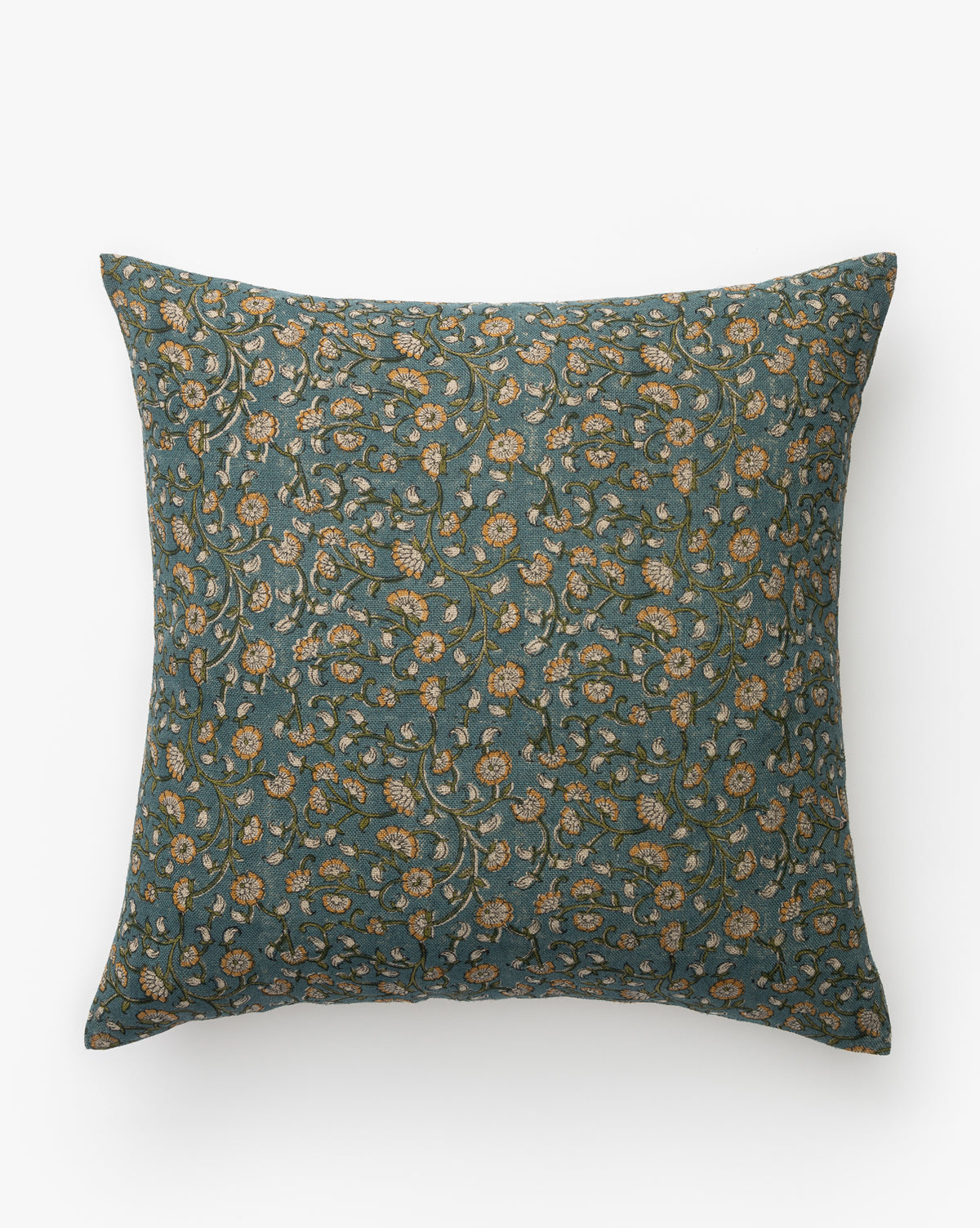 The Daya Floral Pillow Cover features a square linen design with a dark teal background and an intricate gold and beige floral pattern, adding elegance with its detailed motif across the entire visible surface, by McGee & Co.