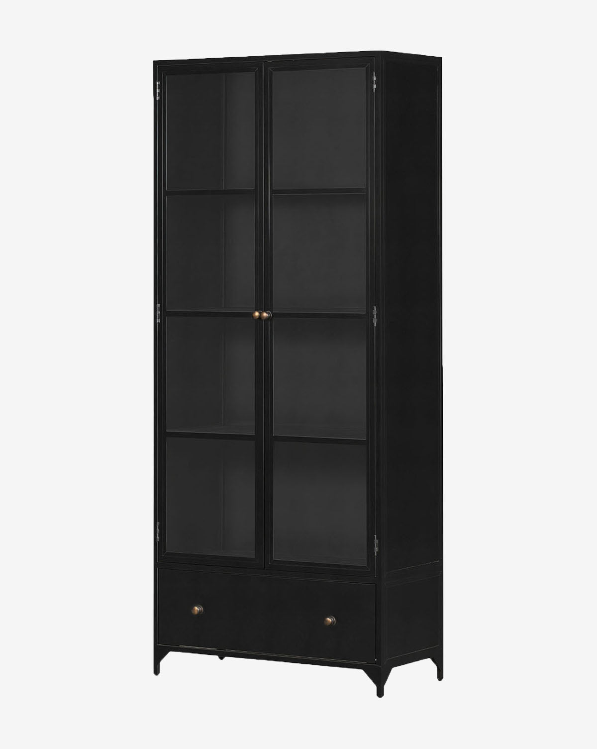 The Deano Cabinet is a tall black hutch with two glass doors, three shelves inside, and a lower drawer with brass hardware, shown on a plain white background by McGee & Co.