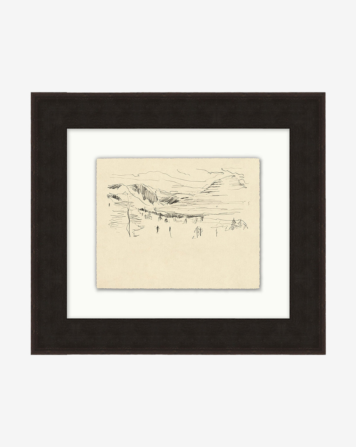 Deep Basin II is a framed minimalist pencil sketch of a mountainous landscape with small figures, set against a white background in a sleek black wood frame for timeless appeal, by McGee & Co.