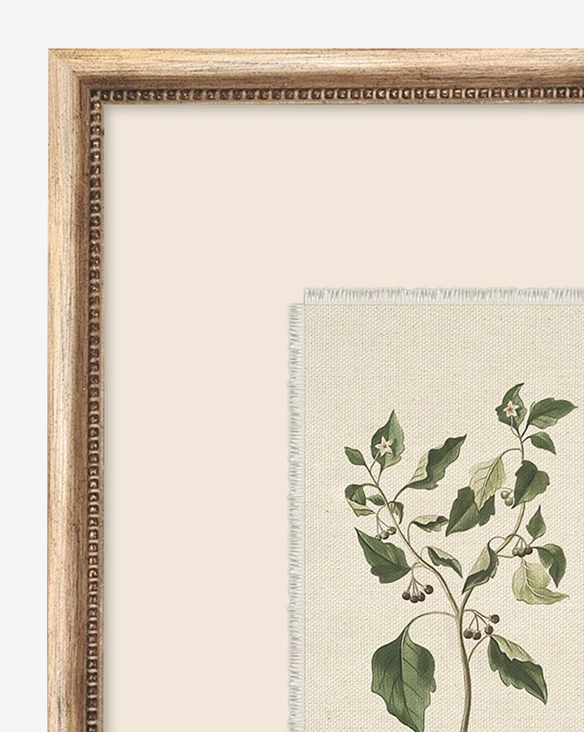 A partial view of Delicate Floral lll, a giclee print showcasing green leaves, small white flowers, and dark berries on beige with a light silver wood frame.