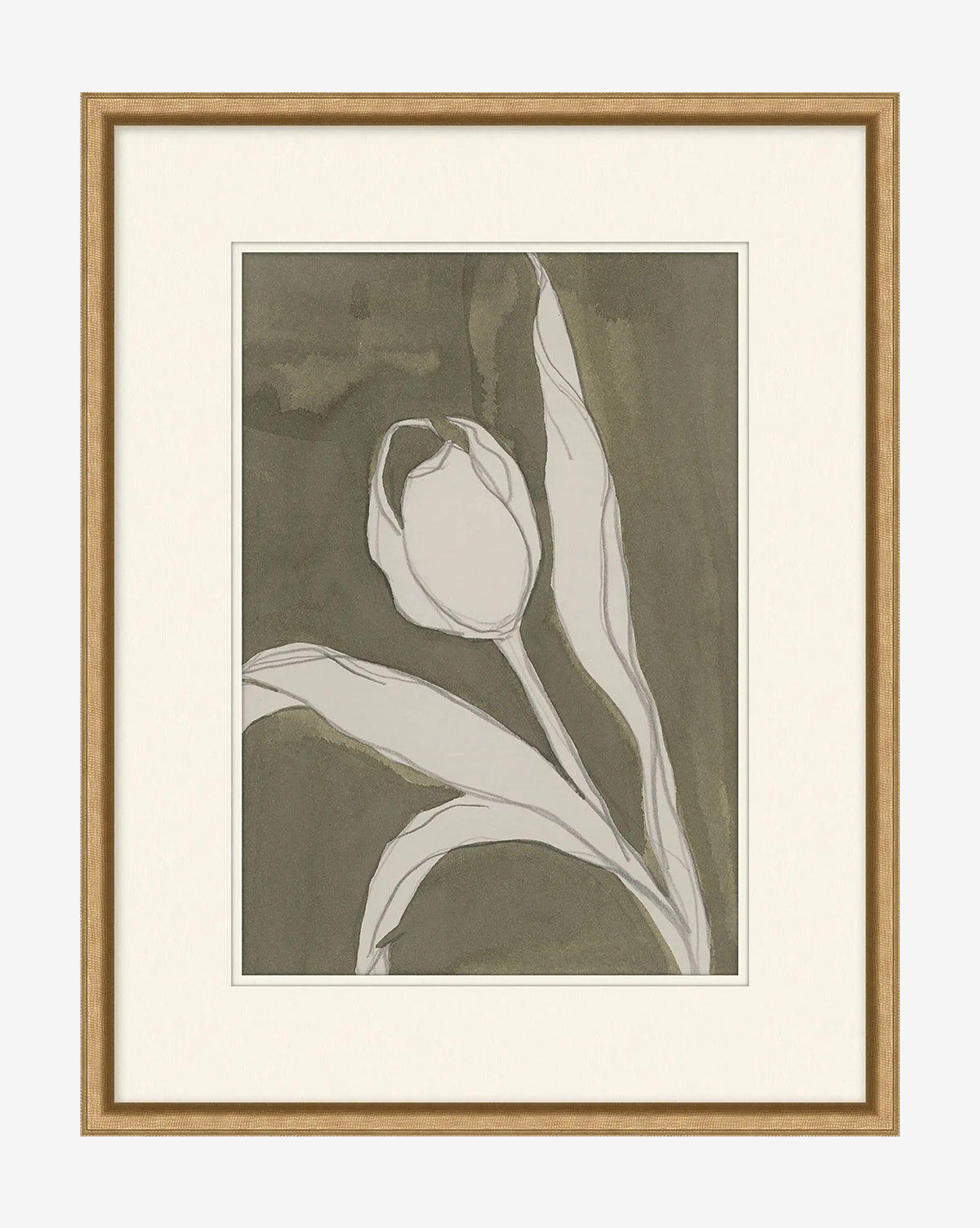 Delicate Tulip I by Rebekah Webb features a white tulip with long leaves in simple outlines on a muted greenish-brown background. This giclee print comes in a light wood frame with an off-white mat for a minimalist look, by McGee & Co.