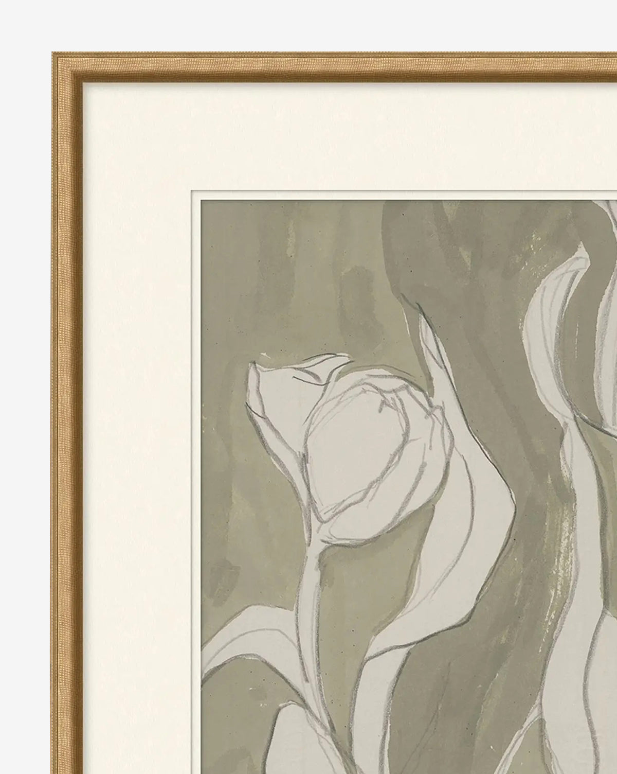 A close-up of Delicate Tulip II by Rebekah Webb, a framed giclee print featuring a minimalist tulip sketch in muted green and beige tones. The light brown wooden frame has a simple, classic design, by McGee & Co.