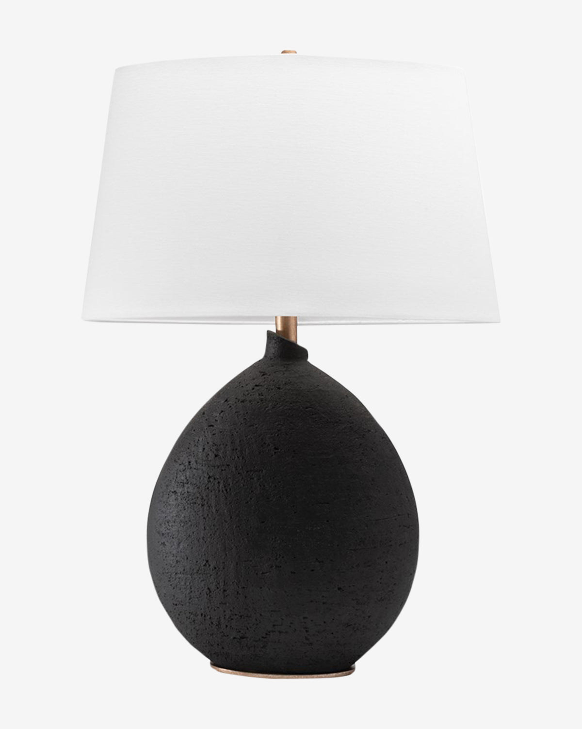 The Denali Table Lamp has a textured matte black rounded base with gold accents and a large tapered drum Belgian linen shade, shown against a plain white background by McGee & Co.