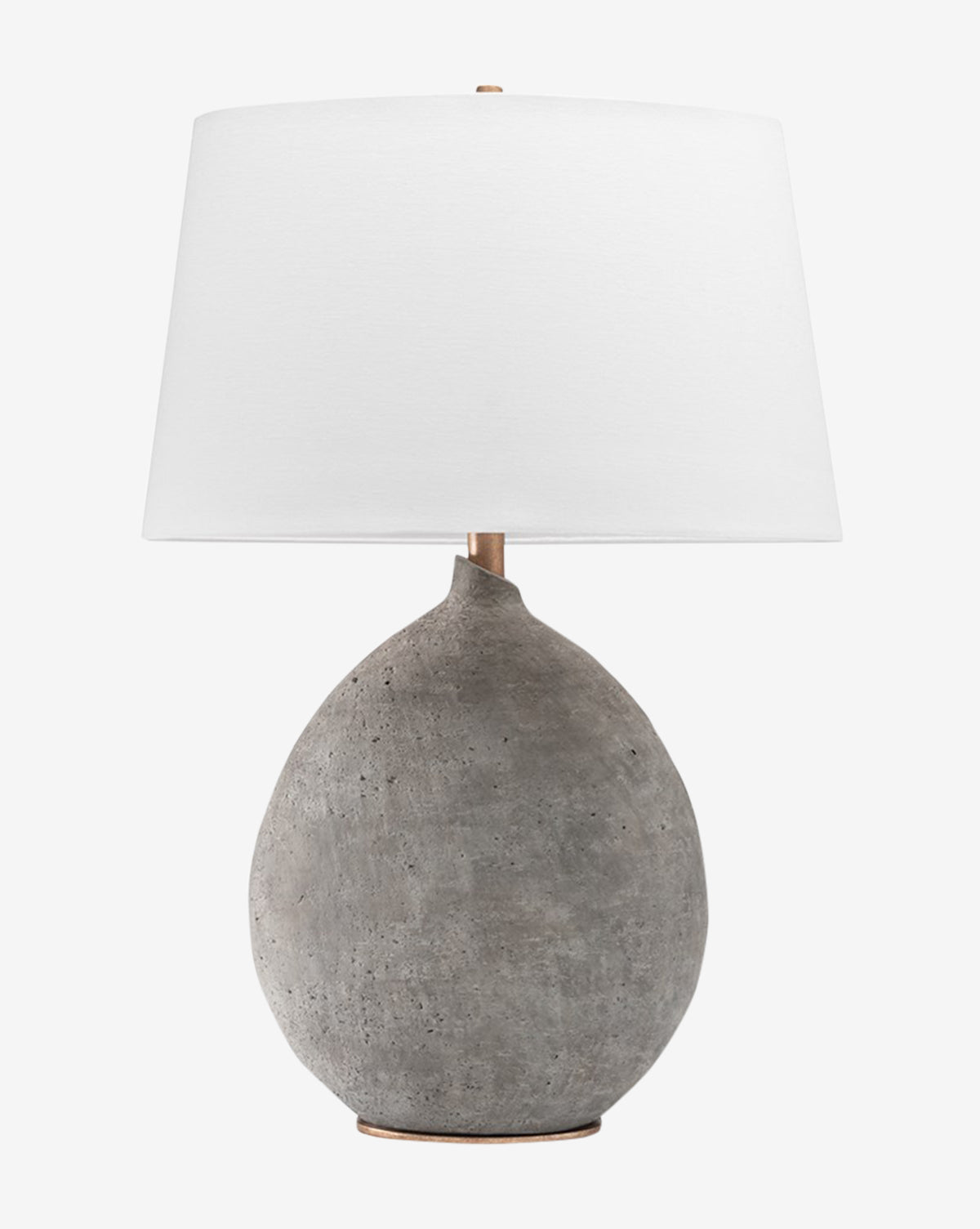 The Denali Table Lamp features a smooth, rounded gray concrete base and a large Belgian linen shade, shown against a plain white background, by McGee & Co.
