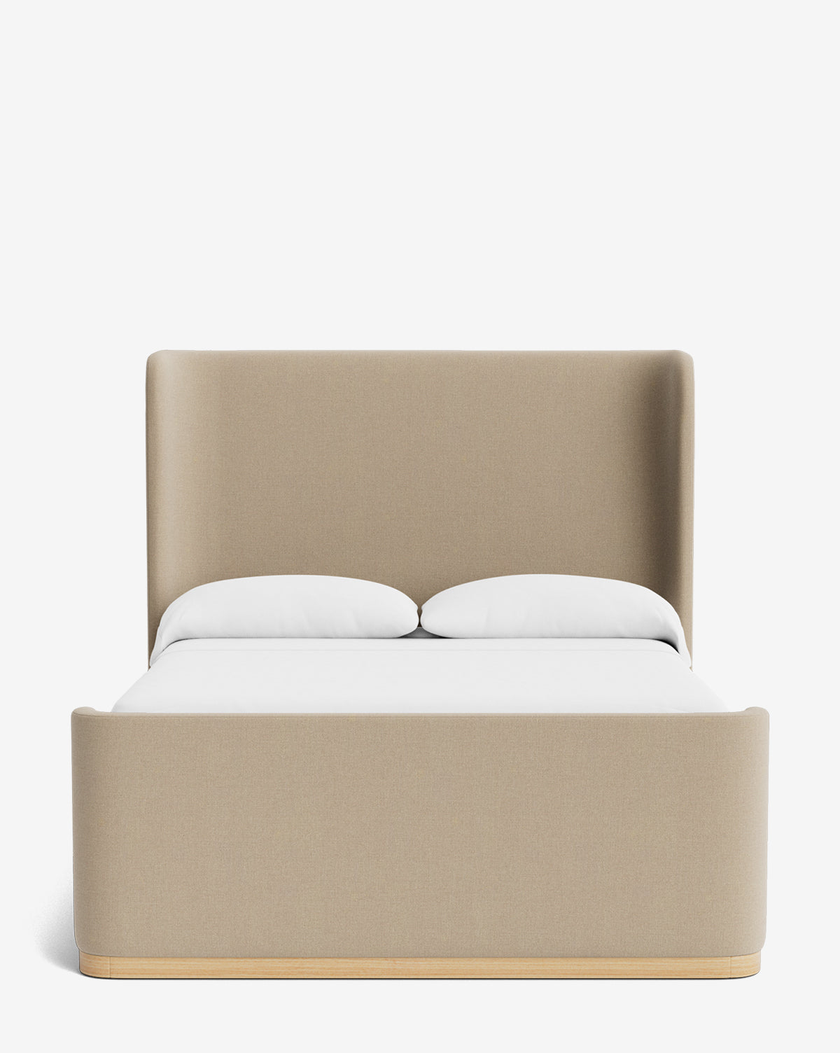 The Makerspalm Denning Oatmeal Linen Bed (Ready to Ship) features a solid wood frame, high headboard and footboard, with white pillows and neatly made white bedding, shown against a plain white background. McGee & Co.
