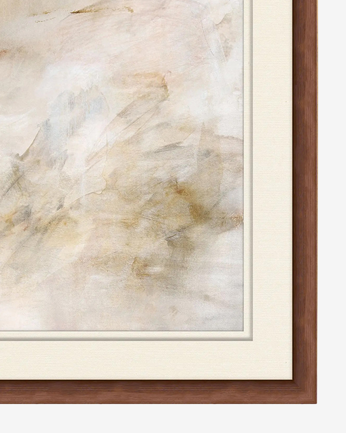 Desert Whispers 1 by Hope Bainbridge features abstract wall art in soft beige, cream, and light brown, framed with a white mat and wooden frame. Its blurred brushstrokes create a soothing, cloud-like effect for neutral decor in any space, by McGee & Co.
