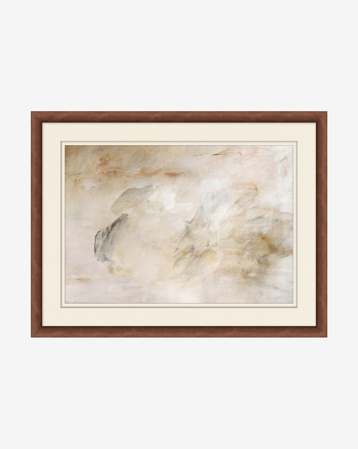 Desert Whispers 1 by Hope Bainbridge is an abstract watercolor in beige, cream, and light brown. Framed with a white mat and wooden frame, this wall art features soft brushstrokes, ideal for adding calm, airy neutral decor to any space by McGee & Co.