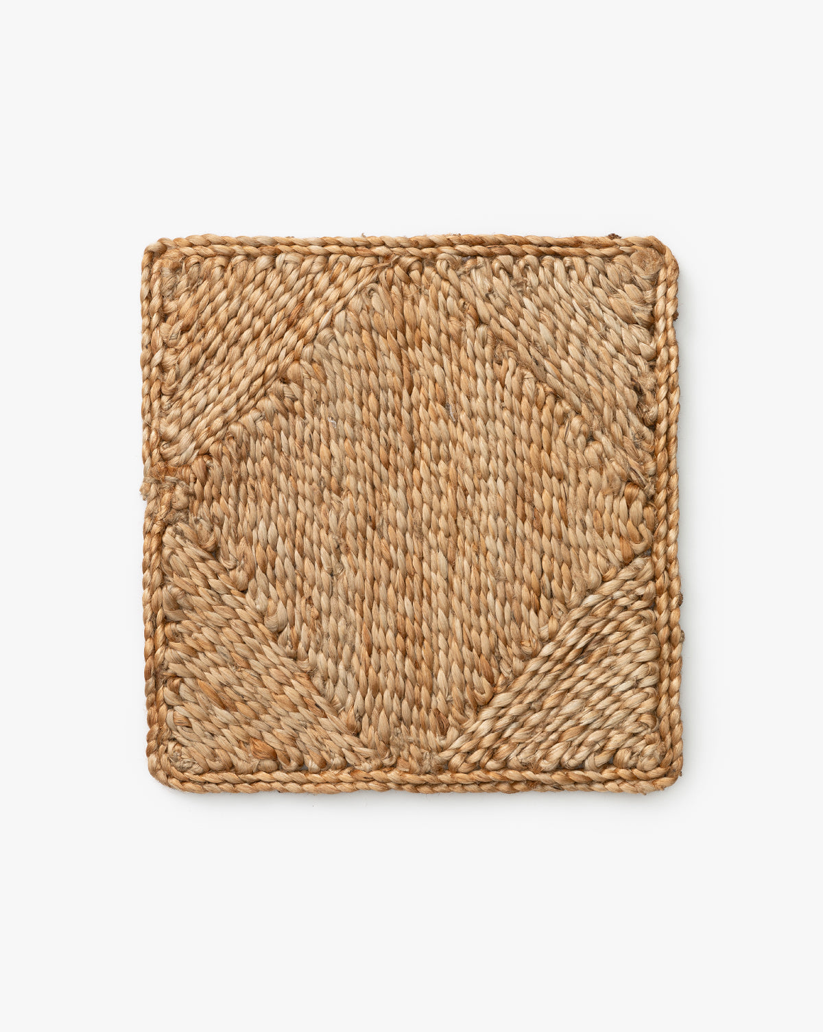 The Diamond Braided Jute Rug Swatch features a square, hand-woven design in natural jute with a subtle diamond motif formed by diagonal and horizontal braided lines, showcased against a white background, by McGee & Co.