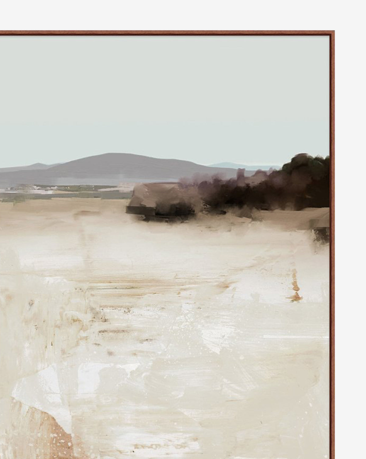 Distant Waters is a minimalist landscape painting in muted beige and brown, featuring distant hills, a pale sky, and abstract dark forms—ideal for serene, relaxing wall decor.