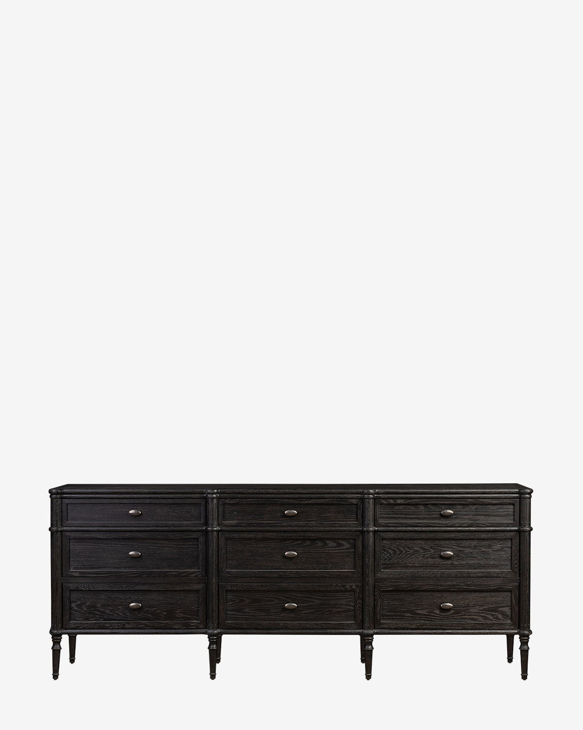 The Dixon 9-Drawer Dresser showcases a classic design with a distressed black finish, round metal knobs, and turned legs, displayed on a plain white background by McGee & Co.
