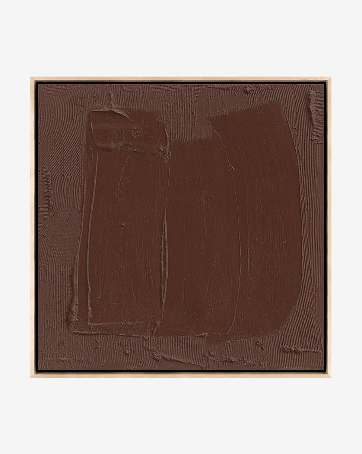 Downtown Brown is a square canvas with thick, textured brown paint and broad brushstrokes. This minimal, abstract art piece comes in a simple wooden frame—ideal for elegant home decor against a clean white background.