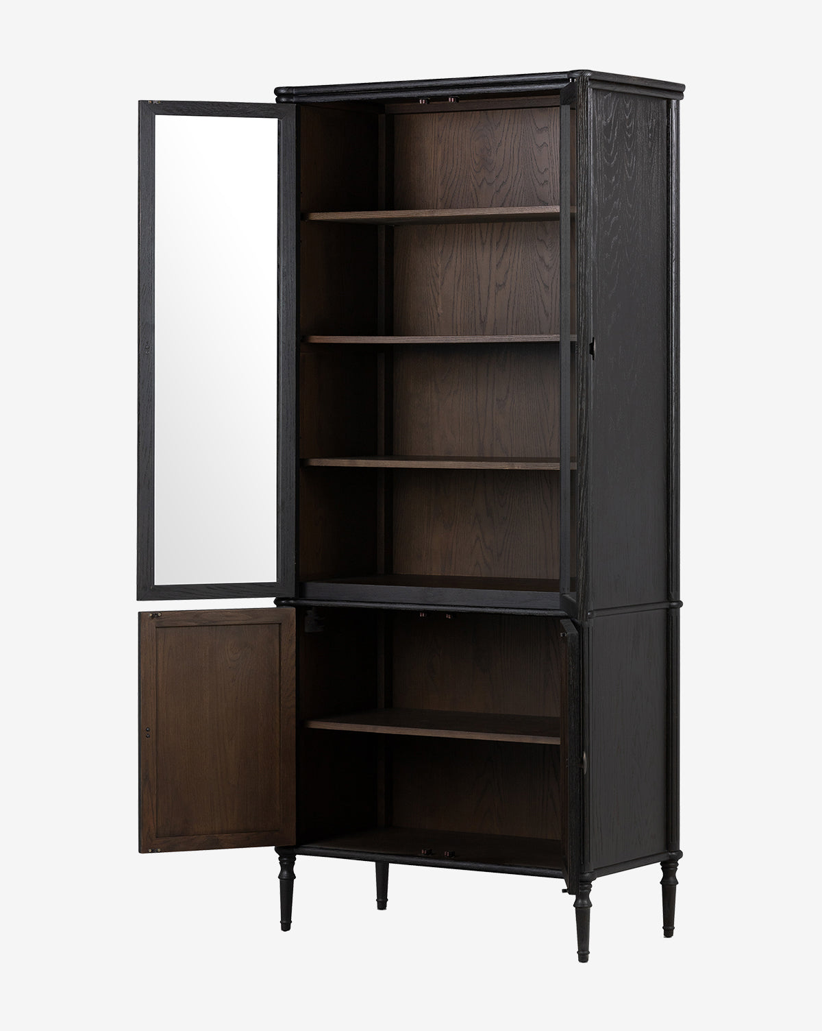 The Draven Cabinet is a tall, distressed black cabinet on slender legs, with an upper glass door showing shelves and a lower oak door for extra storage—both doors are open by McGee & Co.