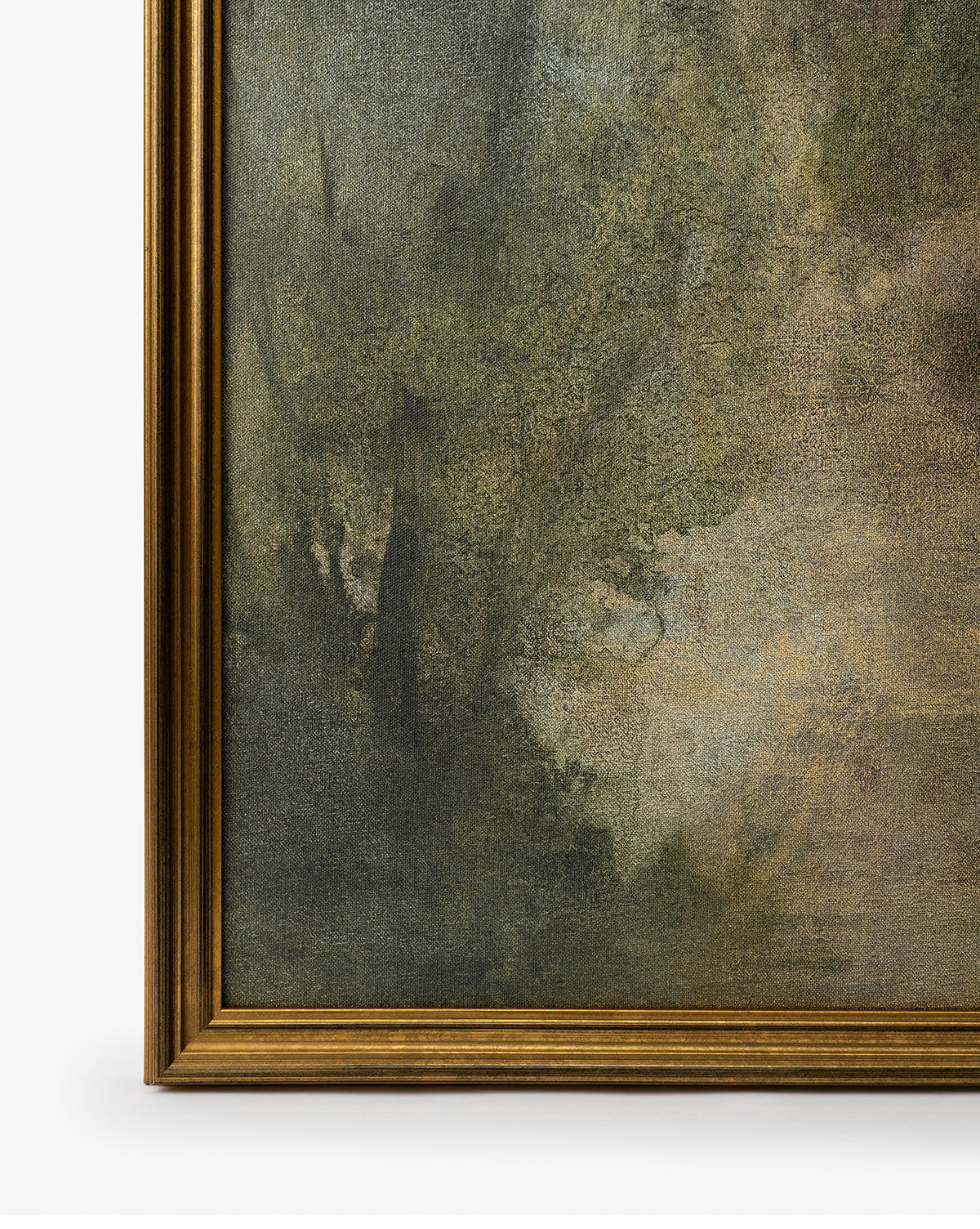 Close-up of the bottom left corner of Dream State, showing a gold frame and museum-quality canvas with textured brushstrokes in muted green, brown, and beige tones, by McGee & Co.
