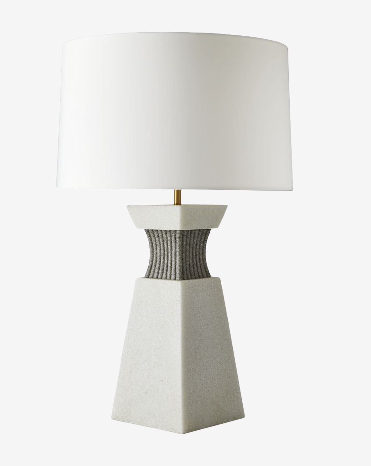 The Dynasty Table Lamp showcases a geometric stone base, ribbed midsection, and tapered off-white shade for a modern, elegant touch in any room, by McGee & Co.