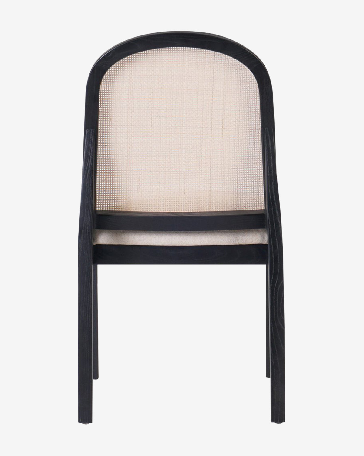The Eira Dining Chair, seen from behind against a plain white background, showcases a black wooden frame and a rounded backrest featuring a woven beige cane seat back, by McGee & Co.