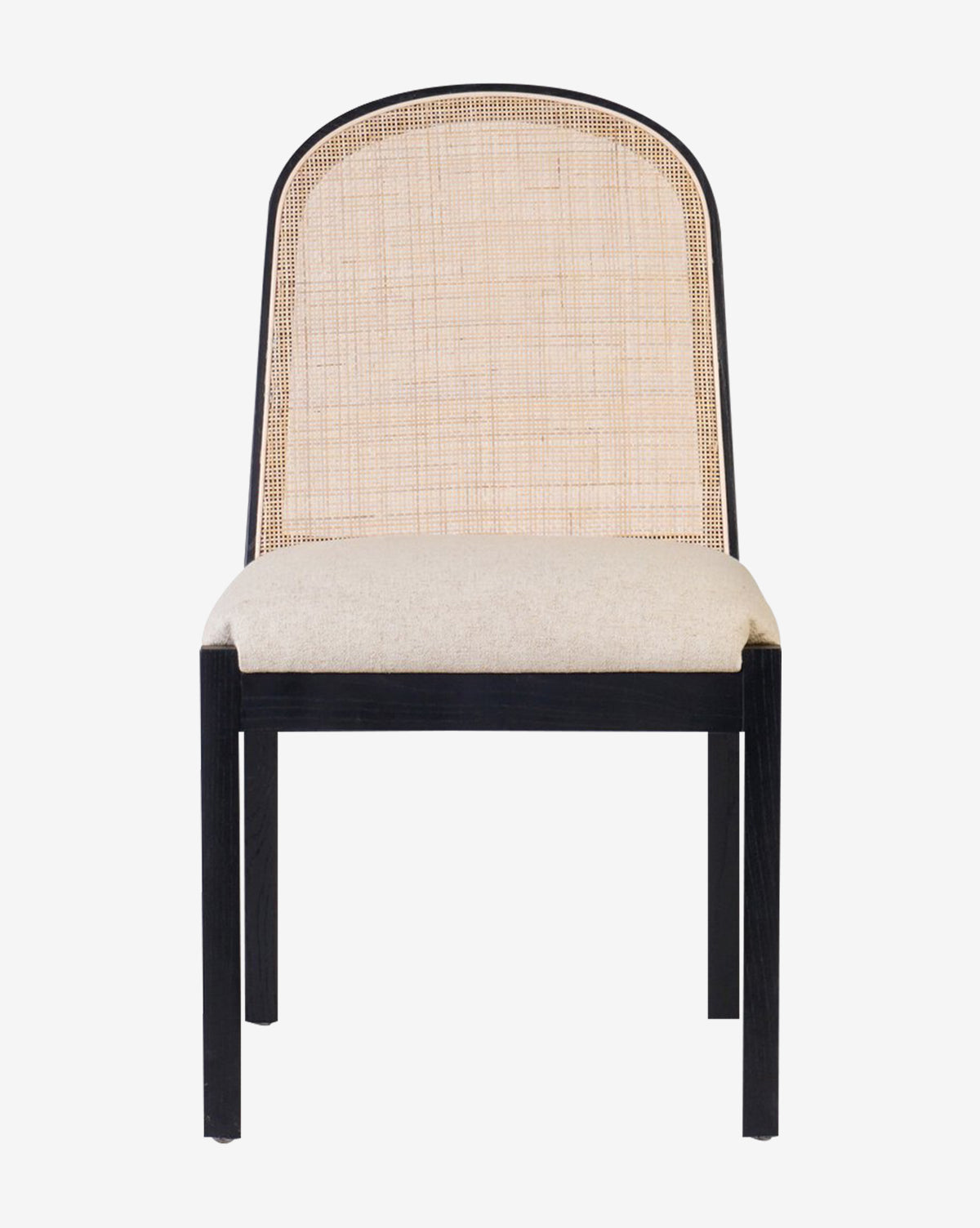 The Eira Dining Chair showcases a black wooden frame, cane seat back, and light beige performance fabric seat, all set against a plain white background, by McGee & Co.