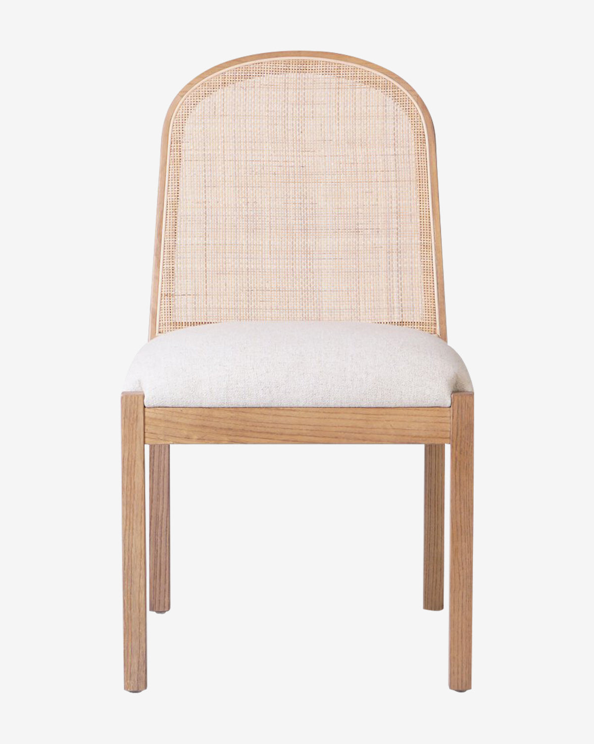 The Eira Dining Chair showcases a crosshatch cane backrest and light performance fabric seat in a simple, modern style, displayed on a plain white background by McGee & Co.