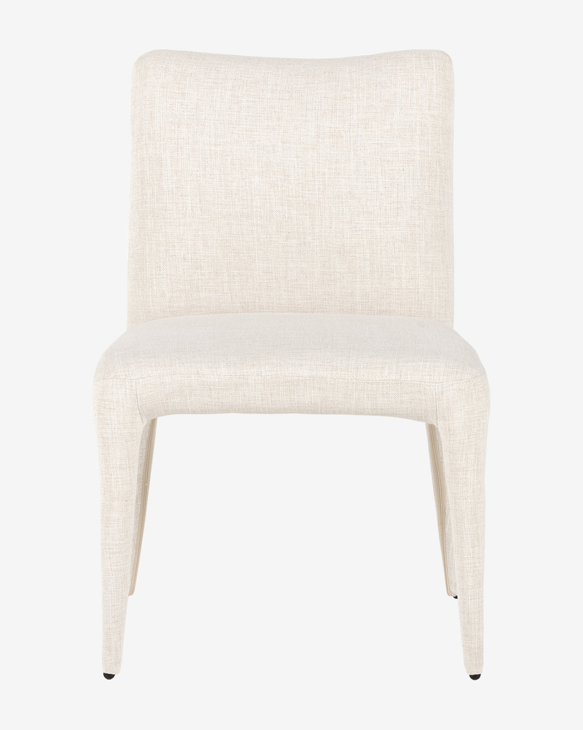 Front view of the Elbert Dining Chair, a modern dining chair in light beige flax linen upholstery with soft curves and tapered legs, shown against a plain white background by McGee & Co.